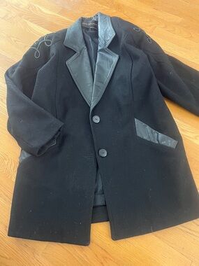 Black Wool Coat with Leather Trim - New Wool Label
